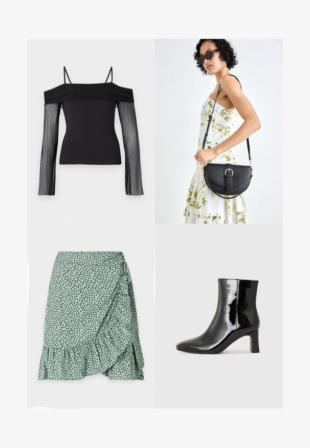 Must värviline õlgadelt avatud pluus õhukeste rihmadega, millel on läbipaistvad pikad varrukad, valmistatud läbipaistvast võrgumaterjalist.; Roheline kangast seelik, millel on mustade täppide muster, volangäär ja külgmine mähise disain. Sile tekstuur ja kerge materjal.; Must-sinine nahkjalats musta läikiva viimistlusega, millel on terav nina ja keskmise kõrgusega plokk konts. Sile tekstuur ja minimalistik disain.; Mustmust mustraha kõverate joontega, eemaldatava rihmaga ja kuldsete detailidega. Kotil on klapp, millel on pandladetail.; Kullastusust kõrvarõngaste komplekt, mis sisaldab erinevaid disaine, sealhulgas nööpe, rõngaid ja riputatavaid tükke, millel on pärlid ja rhinestones.