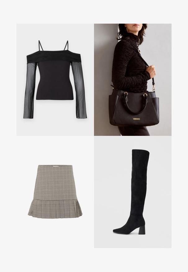 Schwarzes Off-Shoulder-Top mit dünnen Trägern und langen, transparenten Ärmeln aus durchsichtigem Netzstoff.; Grau karierten Rock mit schwingendem Saum, der ein dezentes Faltendesign und eine taillierte Passform aufweist. Hergestellt aus leichtem Stoff.; Schwarze Wildleder-Stiefel bis zum Knie mit Blockabsatz, spitzer Zehe und glattem, nahtlosem Design auf einem schlichten, hellen Hintergrund.; Schwarze Handtasche mit strukturierten Oberflächen, doppelten Obergriffen und verstellbarem Schultergurt. Mit goldfarbener Hardware und Seitentaschen.