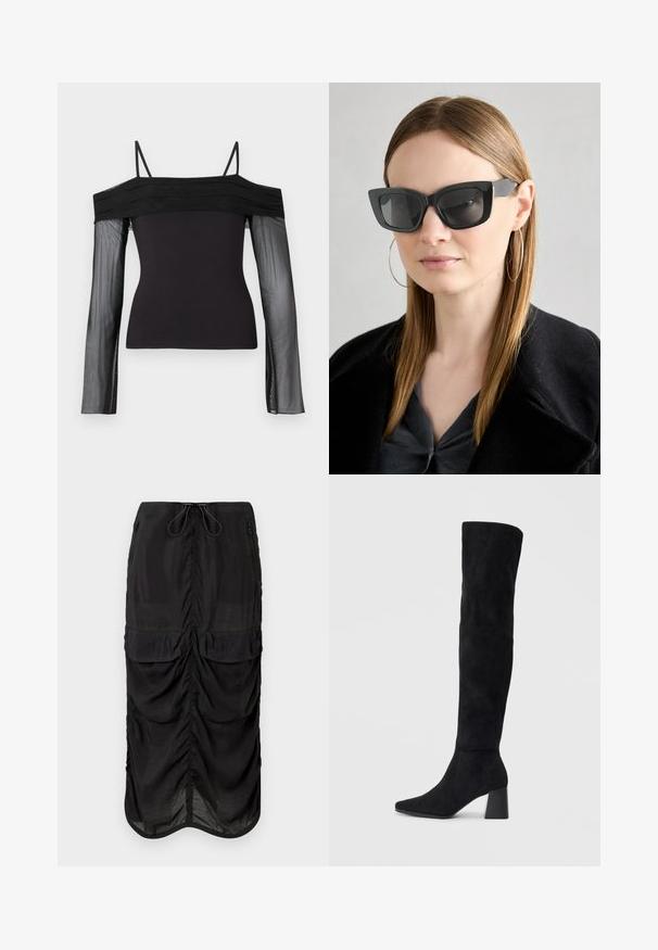 Černý top bez ramínek s tenkými pásky a průhlednými dlouhými rukávy vyrobenými z průsvitného síťového materiálu.; Černá midi sukně vyrobená z lehkého materiálu. Obsahuje nabírané detaily, dvě přední kapsy a elastický pas se šňůrkou pro nastavení velikosti.; Černé semišové vysoké boty s blokovým podpatkem, špičatou špičkou a hladkým, bezšvovým designem na jednoduchém světlém pozadí.; Černé sluneční brýle ve stylu kočičího oka s tmavými skly, silnými rámy a jemnými detaily. Nosené s černým kabátem a šedým topem, s dlouhými rovnými vlasy.; Černá kožená kabelka přes rameno s plochým tvarem, zlatými kovovými detaily a nastavitelným popruhem. Hladký povrch s minimem švů.