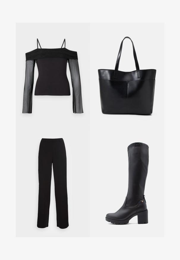 Melna off-shoulder top ar plānām siksnām un caurspīdīgām garām piedurknēm, kas izgatavotas no caurspīdīga sieta auduma.; Melnas bikses ar taisna kāju dizainu, gludu tekstūru un pieguļošu jostu. Iekļauj priekšējās kabatas un minimālu šuvju detalizāciju.; Melnas ceļa augstās zābaki, kas izgatavoti no gludas ādas, ar kvadrātveida purngaliem, masīlu papēdi un teksturētu gumijas zoli. Iespējama diskrēta logo detaļa.; Melnas ādas iepirkumu soma ar divām garām rokturām, gludu tekstūru un strukturētu formu. Iekļauj priekšējo kabatu papildu uzglabāšanai.