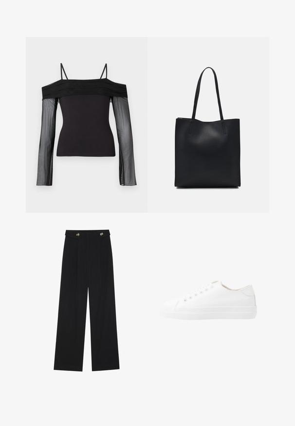 Svart off-shoulder topp med tunna remmar och genomskinliga långa ärmar i ett transparent meshmaterial.; Svarta vida byxor med hög midja, knäppdetaljer i midjan och framfickor.; Vita kanvas sneakers med en låg design, rund tå, sex öglor och en texturerad gummisula. Slät material med minimala detaljer.; Svart lädertoffelväska med slät textur, rektangulär form och två långa handtag. Ingen synlig hårdvara eller dekorationer.