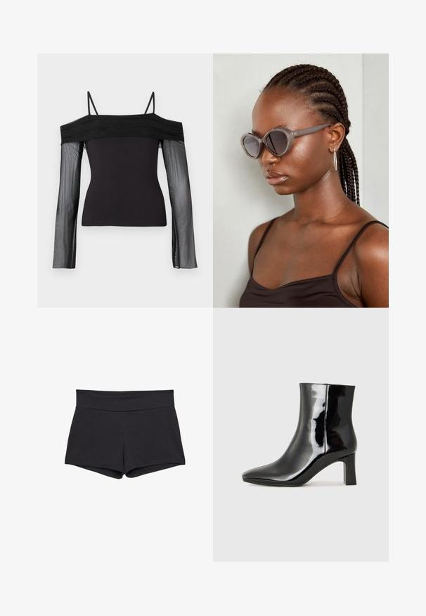 Czarny top bez ramiączek z cienkimi paskami i przezroczystymi długimi rękawami wykonanymi z półprzezroczystego materiału siatkowego.; Czarne, dopasowane szorty z szerokim pasem, wykonane z miękkiego, elastycznego materiału. Brzegi są gładkie, bez widocznych zapięć lub wzorów.; Czarne lakierowane botki za kostkę z wysmukłym noskiem i średniej wysokości obcasem w kształcie słupka. Gładka tekstura i minimalistyczny design.; Szare, przerośnięte okulary przeciwsłoneczne o zaokrąglonym kształcie i ciemnych soczewkach. Smukła plastikowa oprawka o gładkim wykończeniu. Model ma warkocze.