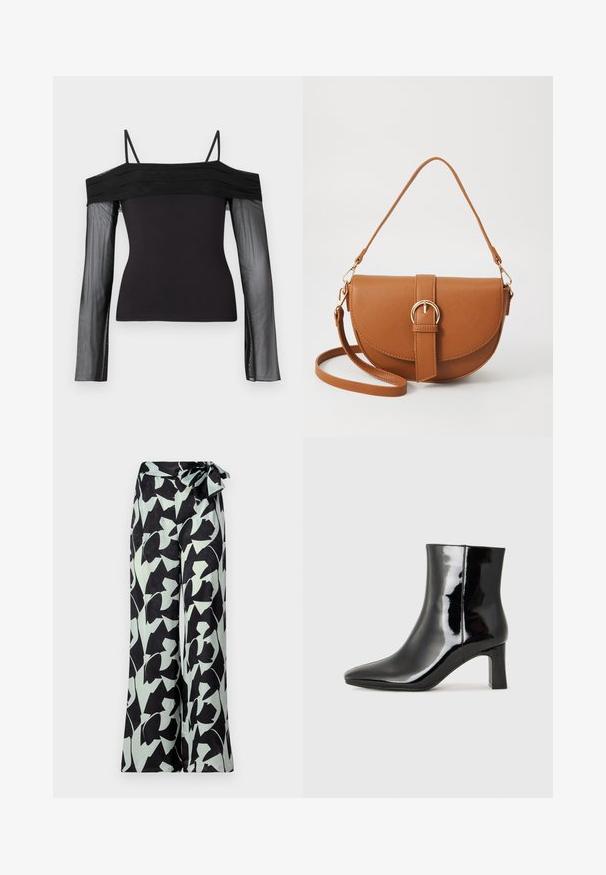Čierny top s odhalenými ramenami, tenkými ramienkami a priehľadnými dlhými rukávmi z priesvitnej sieťoviny.; Čierne široké nohavice s abstraktnými mätovozelenými kvetinovými vzormi. Obsahujú vysoký pás s viazaným pásom pre nastaviteľné prispôsobenie.; Čierne lakované členkové topánky s špicatou špičkou a stredne vysokým blokovým podpätkom. Hladká textúra a minimalistický dizajn.; Hnedá kožená kabelka cez telo s zakriveným tvarom, zlatými kovovými doplnkami a akcentom s prackou. Obsahuje odnímateľný ramenný popruh.; Zlaté kruhové náušnice s hladkým, zaobleným dizajnom. Tenké a ľahké, s nepřerušeným okruhom bez akýchkoľvek ozdôb.