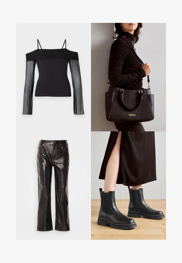 Schwarzes Off-Shoulder-Top mit dünnen Trägern und langen, transparenten Ärmeln aus durchsichtigem Netzstoff.; Glänzende dunkelburgunderfarbene weit geschnittene Jeans mit glatter Oberfläche, kontrastierendem pinken Nähten, frontalen Taschen und einem Knopfverschluss an der Taille.; Schwarze Leder-Stiefeletten mit elastischen Seitenpaneelen, groben Gummisohlen und Laschen an der Ferse; kombiniert mit einem dunkelbraunen Midikleid.; Schwarze Handtasche mit strukturierten Oberflächen, doppelten Obergriffen und verstellbarem Schultergurt. Mit goldfarbener Hardware und Seitentaschen.