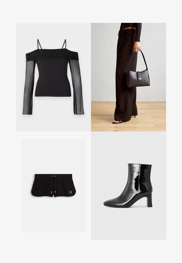 Melna off-shoulder top ar plānām siksnām un caurspīdīgām garām piedurknēm, kas izgatavotas no caurspīdīga sieta auduma.; Melnas šorti, izgatavoti no mīksta auduma, ar aukliņu viduklī, sānu iegriezumiem un mazu izšuvumu logotipu priekšpusē.; Melnas patentētas ādas potīšu zābaki ar norādītu pirkstu un vidēja augstuma kvadrātveida papēdi. Gluda tekstūra un minimālisma dizains.; Melnā somiņa ar strukturētu formu, gludu tekstūru un metālu sprādzi. Saskaņota ar platām melnām biksēm un sandālēm ar atvērtu purngalu uz koka grīdas.