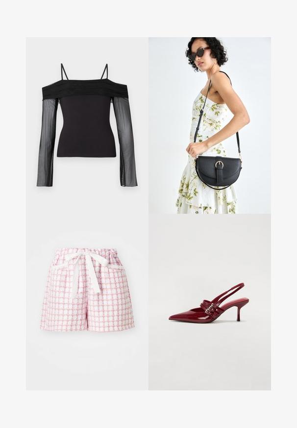 Black off-shoulder top with thin straps and sheer long sleeves made of translucent mesh fabric.; White and pink checkered shorts with a textured fabric, featuring an elastic waistband and a tied bow at the front. Two side pockets.; Red patent leather slingback heels with a pointed toe, two buckle straps, and a slim, mid-height stiletto heel. Smooth texture.; Black leather handbag with a curved shape, detachable strap, and gold hardware. The bag features a flap with a buckle detail.