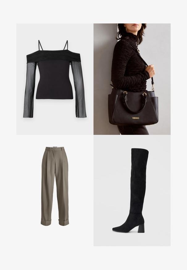 Top preto sem ombros com alças finas e mangas longas transparentes feitas de um tecido de malha translúcida.; Calças taupe de cintura alta, com ajuste largo, apresentando pregas, bainhas dobradas e uma textura de tecido suave. Sem fechos visíveis.; Bota de camurça preta até ao joelho com salto bloco, bico fino e design suave e sem costuras sobre um fundo claro.; Bolsa preta com superfície texturizada, alças superiores duplas e alça de ombro ajustável. Apresenta ferragens em tom dourado e bolsos laterais.