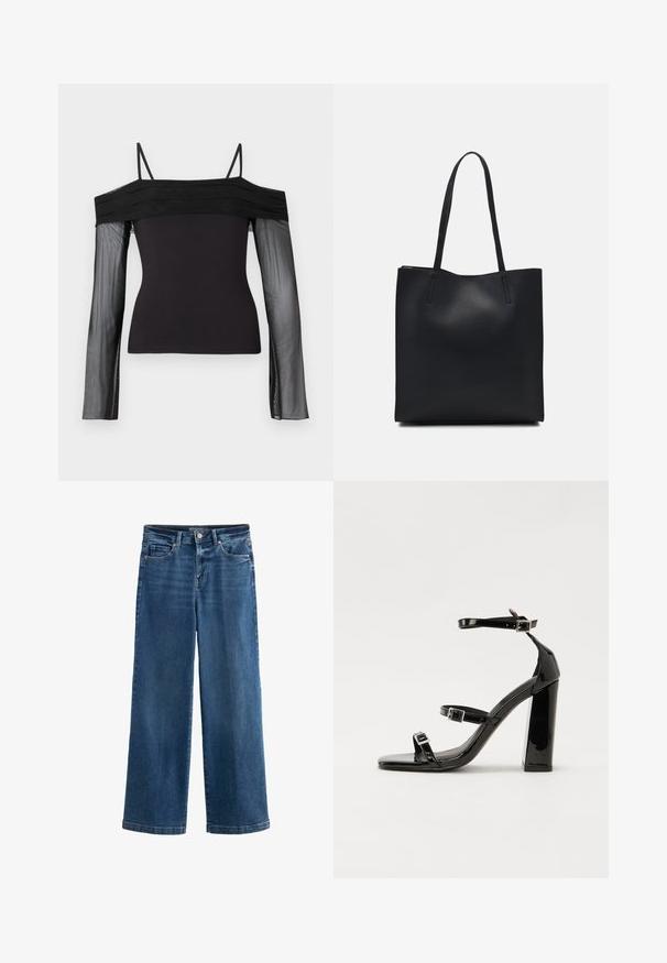 Crni top s otpadnim ramenima, tankim naramenicama i prozirnim dugim rukavima od mrežastog materijala.; Plave široke traperice s visokim strukom, pet džepova, suptilnim ožarenjima, zatvaranjem na dugme i kontrastnim šavovima.; Crne lakirane sandale na pete sa kvadratnim nosom, trakama oko gležnja i srebrnim kopčama. Imaju čvrst blok petu za stabilnost.; Crna kožna torba za nošenje s glatkom teksturom, pravokutnim oblikom i dvije duge ručke. Nema vidljivih metalnih dijelova ili ukrasa.