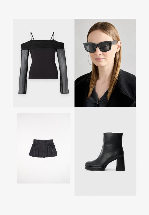 Juodas off-shoulder palaidinė su plonomis petnešėlėmis ir skaidriomis ilgomis rankovėmis, pagaminta iš permatomos tinklinės medžiagos.; Juodas džinsinis mini sijonas su dviem priekinių kišenių, šoniniais sagtimis ir pritvirtintu liemeniu. Yra lygus paviršius ir tiesi apatinė dalis.; Juodas odinis kulkšninis botas su bloku ir platformos padu, matomas šoniniu vaizdu ant balto fono.; Juodos katės akies saulės akiniai su tamsiais objektyvais, storo rėmo ir subtiliais akcentais. Dėvimi su juodu paltu ir pilku viršumi, turinčiu ilgus tiesius plaukus.