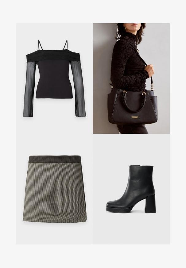 Black off-shoulder top with thin straps and sheer long sleeves made of translucent mesh fabric.; Black and cream checkered skirt with a solid black waistband. Features a straight cut, smooth texture, and uniform pattern throughout.; Black leather ankle boot with a block heel and platform sole, viewed from the side on a plain white background.; Black handbag with textured surface, dual top handles, and adjustable shoulder strap. Features gold-tone hardware and side pockets.