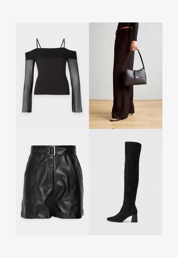 Top negro con hombros al descubierto, con tirantes finos y mangas largas transparentes de tela de tul translúcido.; Pantalones cortos de cuero negro con una textura suave, cintura alta y un cinturón ancho con una hebilla rectangular de plata. Diseño con pliegues en la parte delantera.; Bota de ante negra hasta la rodilla con tacón cuadrado, puntera afilada y diseño liso y sin costuras sobre un fondo claro.; Bolso negro con forma estructurada, textura suave y un cierre metálico. Combinado con pantalones anchos negros y sandalias de dedo en un suelo de madera.