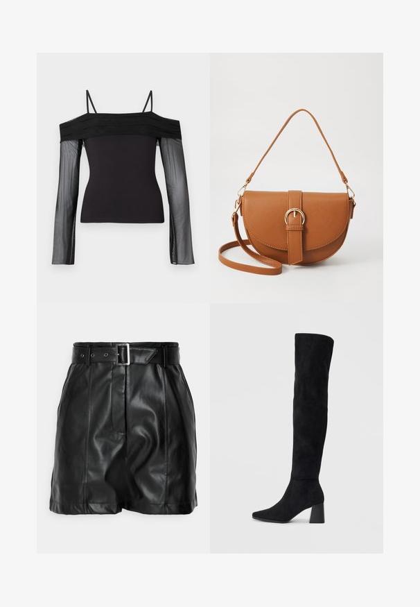 Svart avlingstopp med tynne stropper og gjennomsiktige lange ermer laget av gjennomsiktig mesh-stoff.; Sorte skinnshorts med en glatt tekstur, høy midje og et bredt belte med en rektangulær sølvspenne. Faldet design foran.; Sorte semskede knelang støvel med blokk-heelsk, spiss tå og glatt, sømløst design på en ensfarget lys bakgrunn.; Brun lærcrossbody-veske med en buet form, gullhardware og et spenneakcent. Har en avtakbar skulderreim.