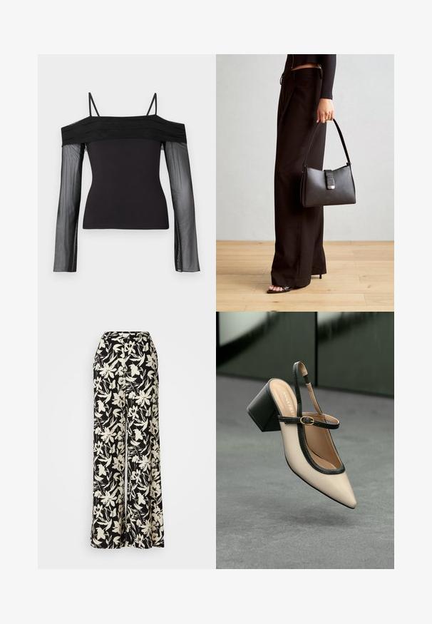 Black off-shoulder top with thin straps and sheer long sleeves made of translucent mesh fabric.; Black wide-leg trousers with a white floral pattern, featuring a high waist and smooth fabric texture. Suitable for various occasions.; Beige high-heeled slingback shoe with pointed toe, black trim, and buckle detail. Smooth material with a matte finish, medium block heel.; Black handbag with structured shape, smooth texture, and a metallic clasp. Paired with wide black pants and open-toe sandals on wooden floor.