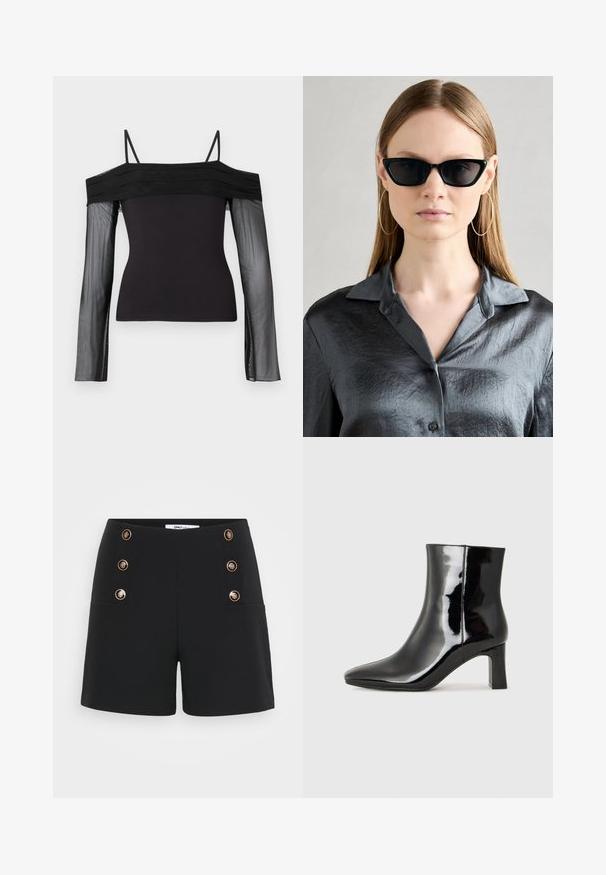 Črni top brez naramnic z blagimi trakovi in prosojnimi dolgimi rokavi iz prosojnega mrežastega materiala.; Črne kratke hlače iz teksturiranega materiala, z visokim pasom, zlatimi gumbnimi detajli in dvema sprednjima žepoma.; Črne lakirane gležnjarje z ošiljenim nosom in srednje visokim blokastim peto. Gladka tekstura in minimalističen dizajn.; Črne mačje očala z bleščečo obdelavo, v kombinaciji z sivo srajco s teksturo in ovratnikom. Vidne so velike obročne uhane.