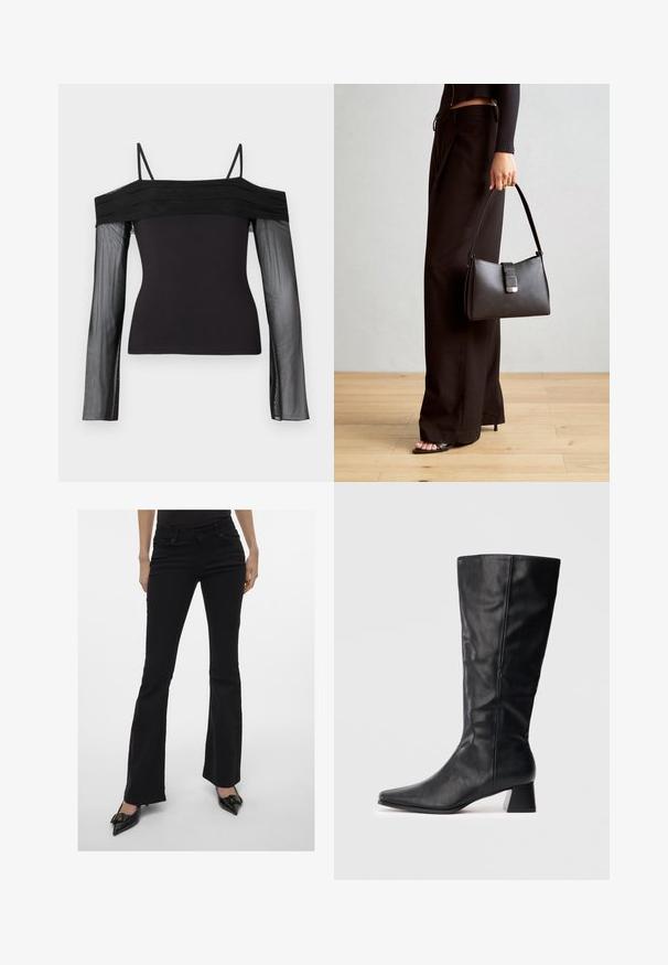 Juodas off-shoulder palaidinė su plonomis petnešėlėmis ir skaidriomis ilgomis rankovėmis, pagaminta iš permatomos tinklinės medžiagos.; Juodos plačios džinsinės kelnės su elegantišku prigludimu, penkių kišenių dizainu ir subtiliais siūlais. Pagamintos iš džinsinio audinio, su vidutinio aukščio liemeniu.; Juodas odinis vidutinio ilgio botas su smailiu kojų pirštu ir blokuotu kulnu ant vienspalvio šviesaus fono.; Juodas rankinė struktūrizuota forma, lygi tekstūra ir metalinis užsegimas. Suporuota su plačiomis juodomis kelnėmis ir atvirais bateliais ant medinių grindų.