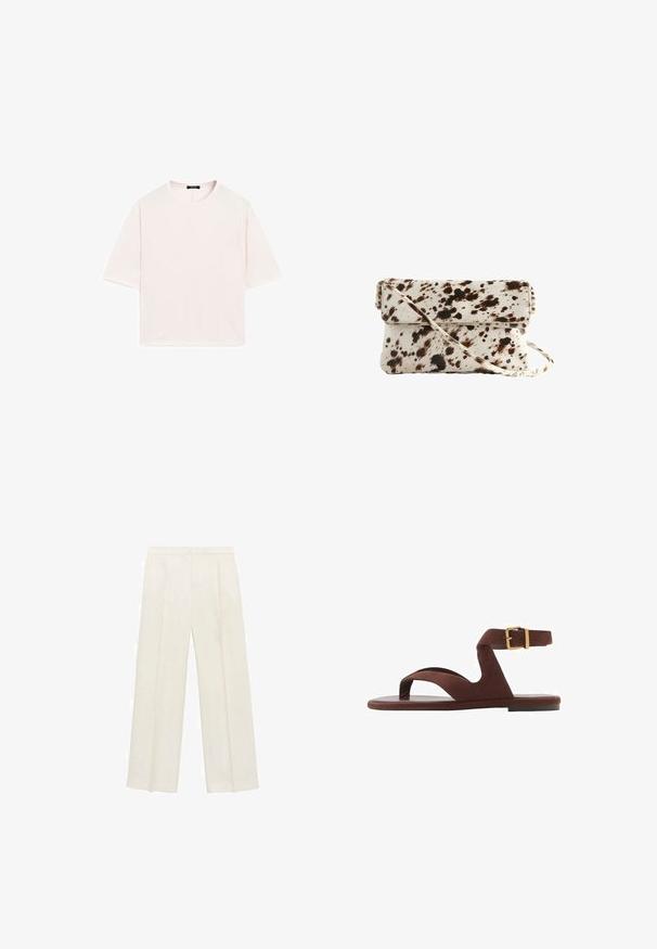 Tričko s krátkým rukávem a kulatým výstřihem vyrobené z měkké látky v jemně růžové barvě. Volný střih s rovním lemem a bez viditelných vzorů či ozdob.; Kalhoty s širokými nohavicemi v světle krémové barvě. Vyrobené z hladké tkaniny s záhyby vpředu a bočními kapsami.; Hnědé semišové sandály s designem na klips, kotníkovým páskem se sponou a plochou podrážkou. Otevřená špička s hladkým povrchem.; Kabelka z hovězí kůže s krémovým základem a tmavě hnědými skvrnami, obdélníkového tvaru, s překlopným klopovým víkem a odnímatelným ramenním popruhem.