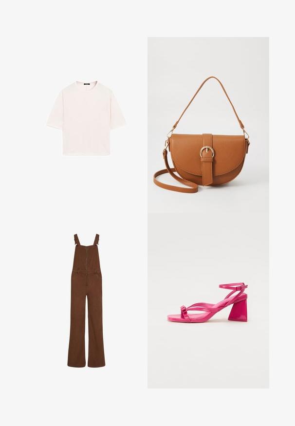 T-shirt a maniche corte e collo rotondo in morbido tessuto rosa chiaro. Vestibilità ampia con orlo dritto e senza modelli o decorazioni visibili.; Salopette in corduroy marrone a gamba larga con zip frontale e spalline regolabili, dotata di passanti per la cintura e due tasche frontali.; Sandali con tacco in pelle verniciata rosa, con punta quadrata, cinturini stretti e un tacco a blocco geometrico. Presentano un dettaglio con fibbia sul cinturino.; Borsa a tracolla in pelle marrone con forma curvata, hardware dorato e un dettaglio con fibbia. Presenta una tracolla rimovibile.