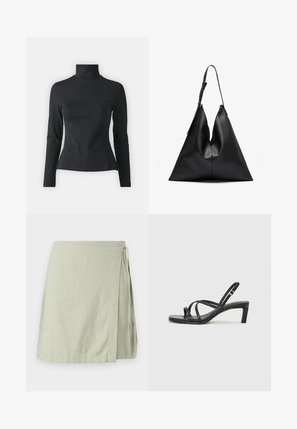 Even&Odd Petite Longsleeve - black; Wikkelrok gemaakt van lichte, gestructureerde stof in een zachte groene kleur, met een striksluiting aan de zijkant en een rechte zoom.; Zwarte sandaal met bandjes, vierkante teen en een lage blokhak. Voorzien van meerdere dunne bandjes en een verstelbare enkelband. Gemaakt van zacht leer.; Zwarte leren driehoekige handtas met een enkele verstelbare schouderriem en een zachte, iets slappe structuur.
