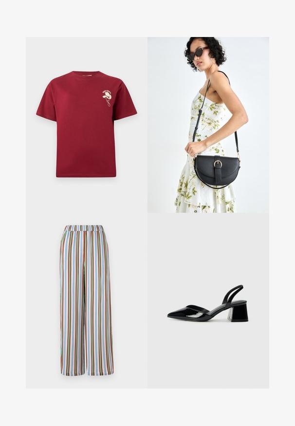 Burgundivörös pamut póló, rövid ujjal és kerek nyakkivágással, bal mellen világos színű hímzett grafikával.; Csíkos, bővebb lábú nadrág, rugalmas derékkal. Élénk kék, piros, zöld és fehér függőleges csíkokkal rendelkezik, könnyű anyagból.; Fekete lakk bőr szandálkés magas sarkú cipő, hegyes orral és geometrikus tömbsarkakkal. Karcsú, minimalista dizájn és sima textúra jellemzi.; Fekete bőrtáska ívelt formával, levehető pánttal és arany színű fémrészekkel. A táskán egy csattal díszített fedél található.