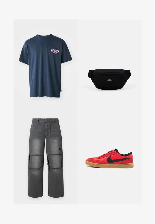 T-shirt de algodão azul marinho com um logótipo impresso em rosa no peito, com o texto "Dickies Quality Made Workwear". Mangas curtas, corte padrão.; Calças de ganga cinzentas com um corte descontraído, apresentando remendos desfiados nos joelhos, costura de contraste e um pequeño logótipo na lateral.; Tênis vermelho com detalhes em preto, apresentando uma combinação de materiais de couro e camurça, uma sola de borracha tipo gum e um design clássico com atacadores.; Fanny pack de tecido preto com fecho em zíper, apresentando um pequeno logotipo da marca na parte da frente. Design compacto e arredondado com alças ajustáveis.