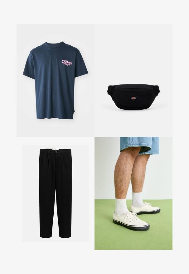 Navyblauwe katoenen t-shirt met een roze bedrukte logo op de borst met de tekst "Dickies Quality Made Workwear." Korte mouwen, standaard pasvorm.; Zwarte broek gemaakt van zachte stof, met een recht model, ingestraalde plooien aan de voorkant en een knoopsluiting bij de taille.; Witte canvas sneakers met zwarte rubberen zolen, gedragen met witte geribde sokken. Denim shorts en een groene vloer op de achtergrond.; Zwarte stoffen heuptas met een ritssluiting, voorzien van een klein merklogo op de voorkant. Compact, afgerond ontwerp met verstelbare banden.