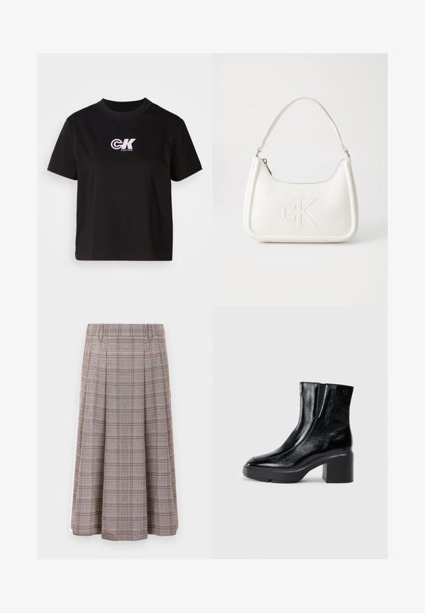 Černé bavlněné tričko s kulatým výstřihem a krátkými rukávy. Na levé horní části hrudi se nachází bílé a růžové logo "CK".; Plisovaná midi sukně v hnědém a šedém kostkovaném vzoru, vyrobená z texturované látky. Má pásek v pase a sahá do poloviny lýtek.; Černé lakované kotníkové boty s zakřivenou špičkou, elastickými bočními panely a robustním blokovým podpatkem. Na zadní straně se nachází embosované logo.; Bílá kožená kabelka s křivkovým tvarem, na přední straně s vyraženým logem "CK" a jediným ramenním popruhem. Zipový uzávěr na vrchu.