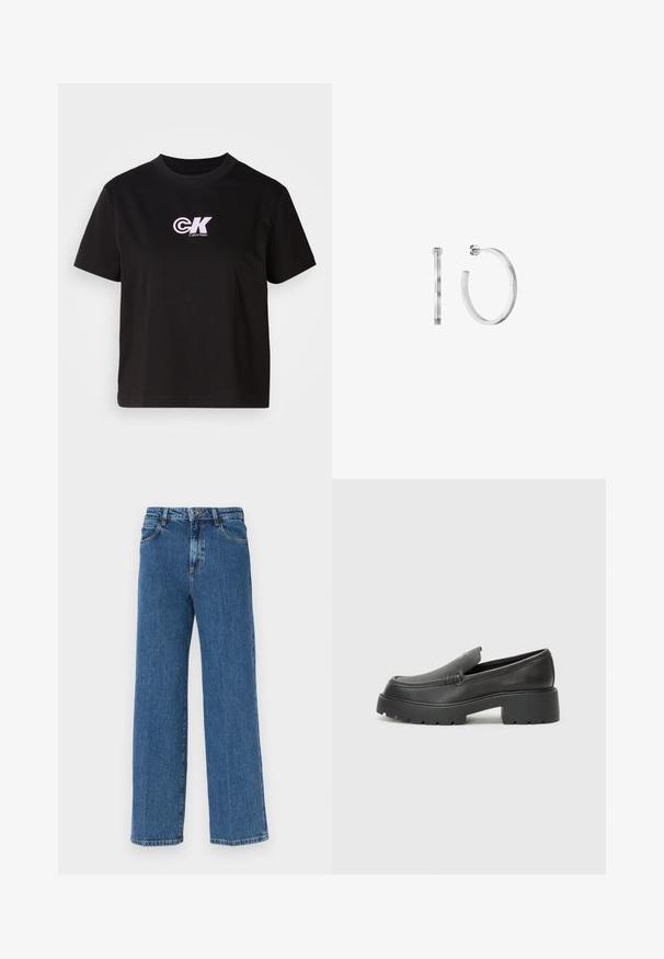 Camiseta de algodón negra con cuello redondo y mangas cortas. Presenta un logo "CK" en blanco y rosa en la parte superior izquierda del pecho.; Vaqueros de mezclilla azul de pierna ancha con un acabado desteñido, diseño de cinco bolsillos y una clásica cremallera y botón. Tejido texturizado con costuras visibles.; Mocasines de piel negra con punta redondeada, suela texturizada gruesa y mínimos detalles de costura. Diseño elegante sin cordones o herrajes visibles.; Pendientes de aro de plata con un acabado elegante y pulido. Presentan un diseño redondo y simple, y un cierre trasero seguro.