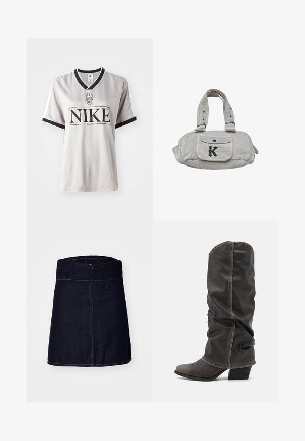 Jersey de Nike a rayas grises con un cuello en V negro, que presenta un logotipo negro prominente y detalles en blanco en las mangas.; Falda de mezclilla en índigo oscuro con una cintura elástica fruncida, corte recto y costuras de contraste a lo largo del dobladillo y las costuras.; Botas de cuero gris hasta la pantorrilla con un diseño holgado, punta afilada y tacón apilado. Detalle de costura notable en la zona de los dedos.; Bolso de pana gris con dos asas cortas, un bolsillo delantero y una prominente letra "K" en negro. Tiene cierre de botón y material texturizado.