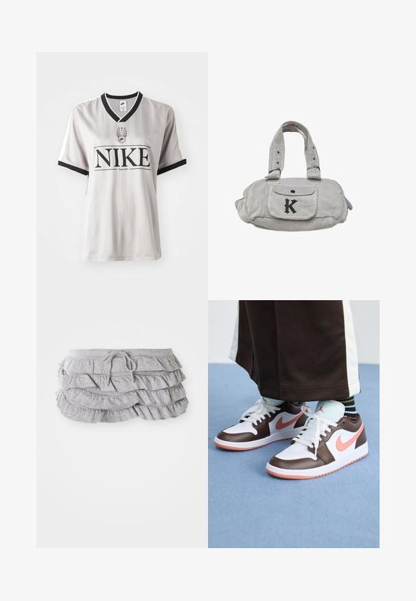 Šedý pruhovaný dres Nike s čiernym golierom do V, ktorý má výrazné čierne logo a biele akcenty na rukávoch.; Sivá sukňa s volánmi a vrstveným dizajnom, sťahovací pás, mäkká textúra, obšité okraje a kaskádovité volány.; Biele a hnedé tenisky Nike Air Jordan s ružovými akcentmi, s nízkym dizajnom, bielymi šnúrkami a textúrovanou gumovou podrážkou.; Šedá kordurová taška s dvoma krátkymi uchami, predným vreckom a výrazným čiernym písmenom "K". Obsahuje zapínanie na gombík a textúrovaný materiál.