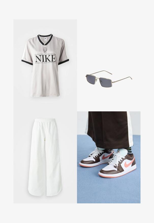 Šedý pruhovaný dres Nike s čiernym golierom do V, ktorý má výrazné čierne logo a biele akcenty na rukávoch.; Biele široké športové nohavice s ribbovaným pásom a jemným logom. Hladká tkanina s uvoľneným strihom a zúženým lemom.; Biele a hnedé tenisky Nike Air Jordan s ružovými akcentmi, s nízkym dizajnom, bielymi šnúrkami a textúrovanou gumovou podrážkou.; Slnečné okuliare s obdĺžnikovým rámom, metalicky striebornými okrajmi a tmavošedými šošovkami. Tenké ramená a nastaviteľné nožičky pre pohodlie.