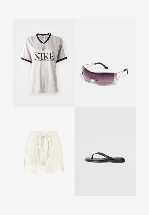 Grijs gestreepte Nike-jersey met een zwarte V-halskraag, voorzien van een opvallend zwart logo en witte accenten op de mouwen.; Witte shorts met een textuur van verticale streepdesign, voorzien van een trekkoord in de taille en een klein gouden logo-accent aan de zijkant.; Zwarte teenflip-flop van glad leer, met een dunne band en een platte zool met een minimalistisch profiel. Geen opvallende patronen of accenten.; Zonnebril met een groot, gebogen paarse lens, zilveren metalen accenten en zwarte pootjes met een logo. Geweven details op het montuur zijn zichtbaar.