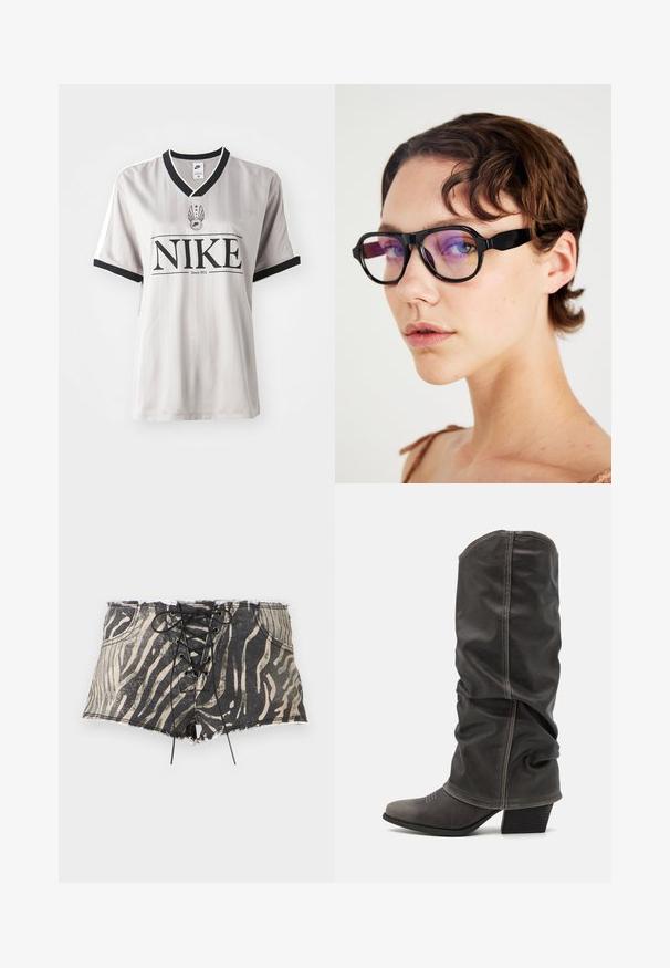 Maillot Nike rayé gris avec un col en V noir, arborant un logo noir bien visible et des accents blancs sur les manches.; Shorts en denim avec un imprimé zèbre noir et beige, présentant un devant à lacets, un ourlet effiloché et des poches de chaque côté.; Bottines en cuir gris hauteur mollet avec un design décontracté, bout pointu et talon empilé. Détails de couture remarquables sur la zone des orteils.; Lunettes rectangulaires noires avec des verres teintés de violet, dotées d'une monture épaisse et de faces plates, soulignant un design moderne.; Sac en velours côtelé gris avec deux poignées courtes, une poche avant, et une lettre "K" noire bien en évidence. Présente une fermeture à bouton et un matériau texturé.; Ensemble de quatre barrettes à cheveux avec des bases noires, ornées de perles blanches et de strass de différentes formes : deux allongées et deux rectangulaires.