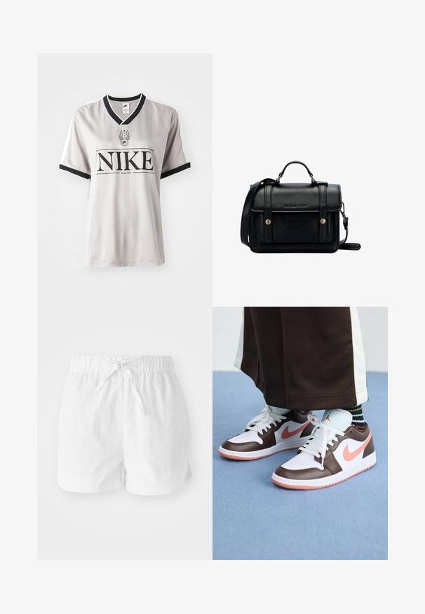 Maillot Nike rayé gris avec un col en V noir, arborant un logo noir bien visible et des accents blancs sur les manches.; Shorts en coton blanc avec une taille élastique et un cordon de serrage ajustable. Dotés de fentes latérales pour plus de mobilité et d'une coupe décontractée.; Baskets Nike Air Jordan blanches et brunes avec des accents roses, présentant un design basse, des lacets blancs et une semelle en caoutchouc texturée.; Sacoche en cuir noir avec un design structuré, une poignée supérieure, une sangle réglable, un rabat avant et des accents en métal. Présente un logo à l'avant.