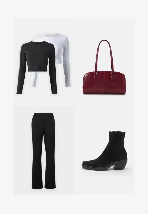 Kaks pikka varrukat särk, üks must ja teine valge, pehmest puuvillakangast, ümmarguse kaelusega ja lühendatud disainiga.; Mustad, laienevad püksid, mis on valmistatud elastsetest kangast. Omab lamevööd, vööpaelu ja esikotte. Sile tekstuur ja kohandatud lõige.; Must musta ankle boot ruudukujulise toe disainiga, madal blokkninak, ja sujuva tekstuuriga. Omab sobivat ülemist osa ja minimaalset õmblusdetaili.; Zign LEATHER - Käekott - dark red