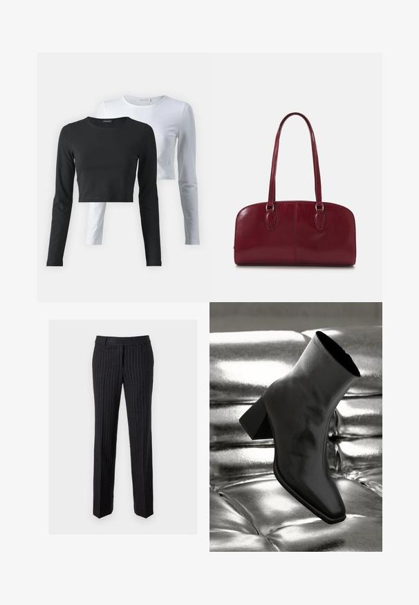 Två långärmade t-shirts, en svart och en vit, tillverkade av mjukt bomullstyg, med rundad halsringning och en kortad design.; Svarta randiga byxor i textil. Har en platt framsida, bälteshällor och raka ben. Ingen synlig hårdvara eller detaljer.; Svarta ankelboots i glänsande material med fyrkantig tå och avsmalnande klack, placerade mot en glänsande silverfärgad vadderad bakgrund.; Zign LEATHER - Handväska - dark red