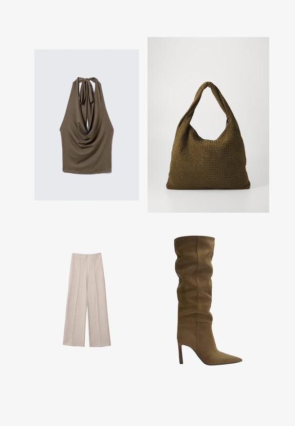 Brun ärmlös topp med draperad front, knytning i halsen och mjukt, stretchigt tyg; har rundad fåll och avslappnad passform.; Beige vida byxor i mjukt material, med framträdande veck och en skräddarsydd hög midja, utan synliga fickor.; Olivgrön mocka knähög stövel med spetsig tå, slapp överdel och stilettklack, med synliga sömdetaljer.; Vävd tygväska i olivgrön med en rymlig, rundad form och ett enda, förlängt handtag för bärning. Strukturerad yta.