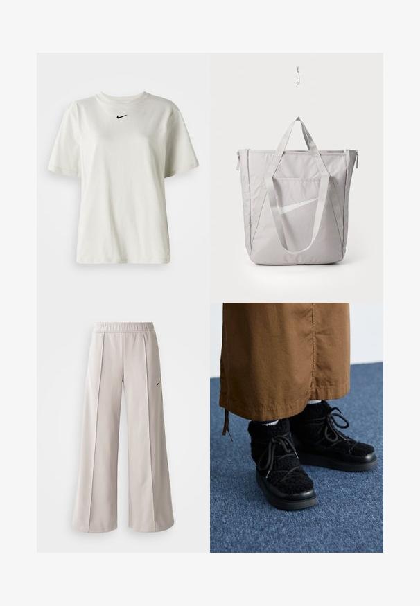 T-shirt de algodão branco com decote redondo e mangas curtas. Apresenta um pequeno logo preto da Nike no peito. Design simples e sem adornos.; Calças largas de tom cinza claro feitas de tecido suave. Apresentam uma cintura elástica e o logo da Nike em preto no lado esquerdo.; Tênis pretos felpudos com sola plataforma, apresentando atacadores, textura suave e bico arredondado. Combinados com tecido marrom abaixo.; Saco tote cinza com alças reforçadas, bolso frontal com fecho éclair e o logo white swoosh da Nike. Feito de um tecido durável com uma textura suave.