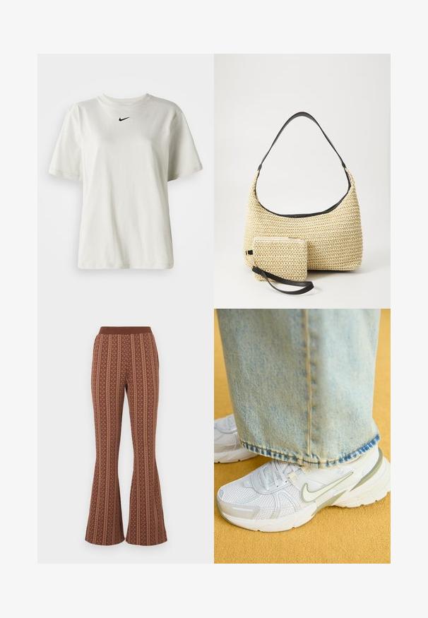 Bela bomba iz bombaža z okroglim ovratnikom in kratkimi rokavi. Ima majhen črn Nike logotip na prsih. Preprost in neopazen dizajn.; Rjave hlače s širokimi hlačnicami in vzorcem, ki vključuje navpične črte in geometrijske oblike. Elastičen pas, mehak tekstur.; Beli športni copati z mrežasto zgornjico, zelenimi poudarki in strukturalnim podplatom, v kombinaciji z svetlo modrimi jeans hlačami z raztrganimi robovi.; Tkana torbica iz slame s zakrivljenim siluetom, ki vključuje gladek črn usnjen trak in usklajen majhen žep, pritrjen z ročajem za zapestje.