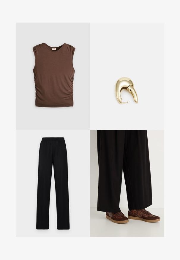 Ruskea hihaton toppi pehmeästä kankaasta, jossa on röyhelöiset olkapäät ja sivuilla rypytetty yksityiskohta, saumatonta kaula-aukkoa ja vartalonmyötäistä siluettia.; Mustat, leveät housut, joissa on joustava vyötärö. Valmistettu pehmeästä, kevyestä kankaasta, joka näyttää sileältä ja jolla on yksinkertainen muotoilu.; Ruskeat urheilukengät, joissa on sekoitettu materiaalisuunnittelu, mukana samettia ja käärmeennahkakuviota. Pyöreä kärki, nauhakiinnitys ja teksturoidut kumipohjat.; Kultahipuinen korvakoru, jossa on sulavalinjainen, kaareva muotoilu. Ominaisuuksiin kuuluu erottuva terävä muoto, kiillotettu pinta ja sarana kiinnitys.