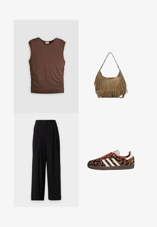 Brązowy bezrękawnik wykonany z miękkiego materiału, z bufiastymi ramionami i marszczeniami po bokach, bezszwowy dekolt oraz dopasowany krój.; Czarne szerokie spodnie z gładkiego materiału, z wysokim stanem, plisami z przodu i luźną sylwetką.; Sneakers w nadrukiem lamparta z zamszowego materiału, czerwonymi sznurówkami i trzema białymi paskami z boku. Wyróżniają się kremowym językiem i brązową podeszwą.; Brązowa torebka z zamszu z długimi frędzlami, o zakrzywionym kształcie i pojedynczym paskiem na ramię. Posiada gładką, teksturowaną powierzchnię.