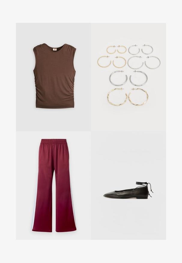 Haut sans manches marron en tissu doux, avec des épaules froncées et des détails froncés sur les côtés, un col sans couture et une silhouette ajustée.; Pantalons bordeaux à coupe décontractée avec une taille élastique, présentant des bandes latérales blanches et une texture de tissu lisse. Design à jambes larges.; Ballerines noires en cuir avec un bout pointu, une attache à la cheville et une semelle plate, caractérisées par une texture lisse et un design minimaliste.; Ensemble de douze boucles d'oreilles créoles en tons argent et or. Comprend des designs torsadés, lisses et texturés avec différentes tailles et finitions.