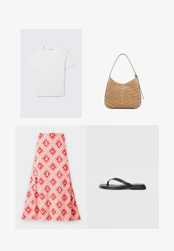 Bela kratka majica s kratkimi rokavi iz bombaža. Ima krožni izrez, enostaven dizajn in oznako logotipa na izrezu. Gladka tekstura.; Rdeča in bela krila z vzorcem, ki prikazuje rombasto zasnovo z majhnimi cvetličnimi motivi ter zračnim krojem, izdelana iz gladkega blaga.; Črne japanke iz gladke usnjene materiale, z tankim trakastim dizajnom in ravnim podplatom minimalnega profila. Brez opaznih vzorcev ali dodatkov.; Tkanina iz slame za ramensko torbico s ukrivljeno obliko, ki ima temno usnjeno naramnico in teksturo s chevron vzorcem.