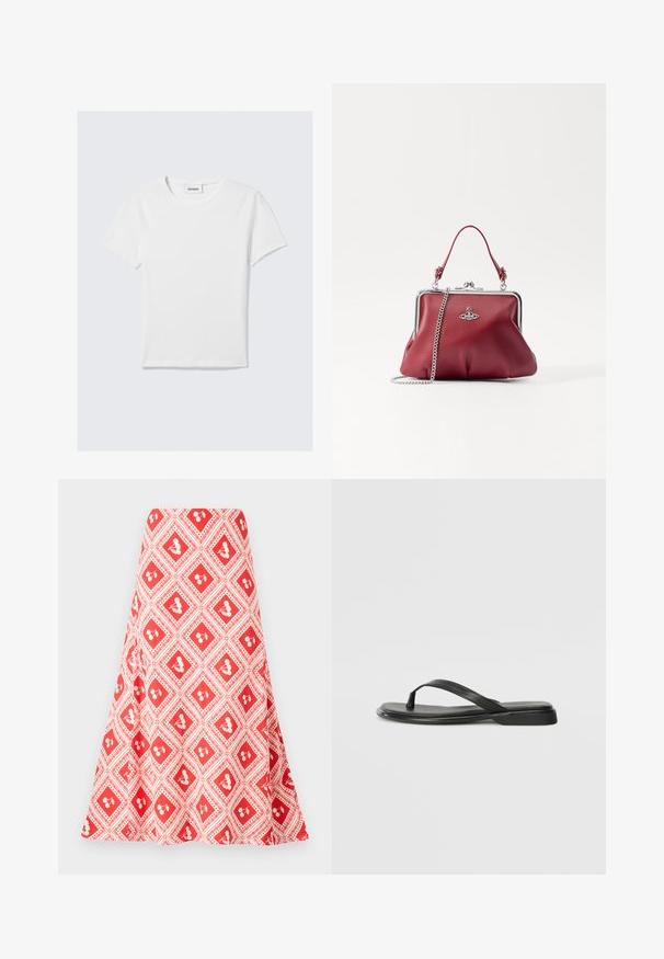 Valge lühikeste varrukatega T-särk, mis on valmistatud puuvillast. Omab ümmargust kaelust, lihtsat disaini ja logo sildi kaeluselt. Sile tekstuur.; Punane ja valge mustriga seelik, millel on diamond-kirjaga väikesed lillemotiivid ja laienev kuju, valmistatud siledast kangast.; Musta sussumood, mis on valmistatud siledast nahast. Sellel on õhuke rihma disain ja lame tald minimaalsete joontega. Mingeid silmatorkavaid mustreid või aktsente ei ole.; Punane nahast kott hõbedase ahela rihmaga, ümar kuju, volditud disain ja metallist kinnitus ülaservas. Kaunistatud logo detailiga.