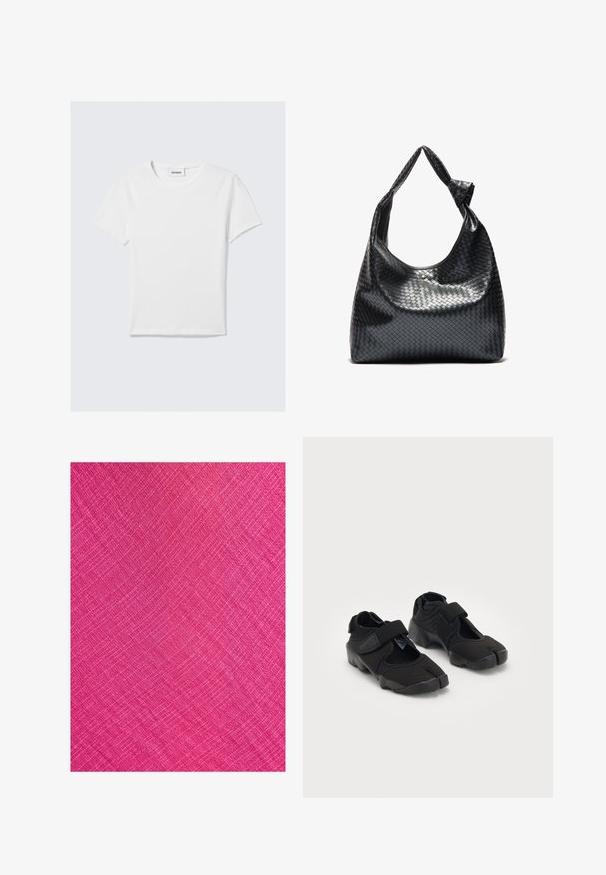Biała koszulka z krótkim rękawem wykonana z bawełny. Posiada okrągły dekolt, gładki fason oraz metkę z logo przy dekolcie. Gładka tekstura.; Jasnoróżowa tkanina o teksturowej powierzchni, z ukośnym wzorem i cienkimi liniami tworzącymi wygląd tkaniny.; Czarne buty wodne wykonane z elastycznego materiału z zapięciem na rzep, charakteryzujące się unikalnym podziałem palców oraz teksturowaną gumową podeszwą zapewniającą przyczepność.; Czarna, pleciona skórzana torba o luźnym fasonie, z węzełkowym paskiem i małym dekoracyjnym złotym ćwiekiem na górze.