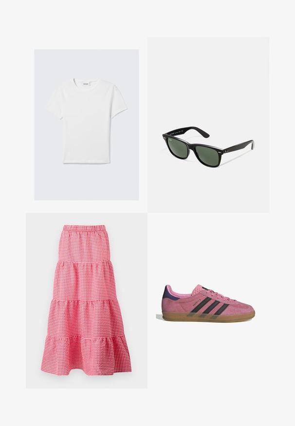 Tricou alb cu mânecă scurtă, fabricat din bumbac. Prezintă un gât rotund, un design simplu și o etichetă cu logo la gât. Textură netedă.; Fustă în carouri roșii și albe, cu mai multe straturi, având un talie elastică și tiv ondulat, formata din trei straturi pliate. Material din bumbac.; Tenisi roz din suede cu dungi negre, talpă din cauciuc și toc texturat violet. Prezintă un design cu șireturi și un logo embosat pe lateral.; Ochelari de soare din plastic negru cu lentile verzi, rame pătrate, accent argintiu pe sprânceană și brațe texturate. Marca este menționată pe brațul interior.