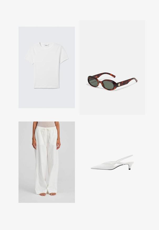 Biele tričko s krátkym rukávom z bavlny. Má okrúhly výstrih, jednoduchý dizajn a logo štítok na výstrihu. Hladká textura.; Biele, ľahké, široké nohavice s elastickým pásom a nastaviteľnou šnúrkou. Tkanina vyzerá hladko a je mierne priesvitná.; Biele slingback podpätky s špicatou špičkou, s hladkým zvrškom, jemnými výrezmi a nízkym blokovým podpätkom. Čierna podrážka zvýrazňuje dizajn.; Okuliare s korytnačími škrupinami s tmavými sklami, oválnym tvarom a širokými ramenami. Majú malý zlatý akcent na boku. Hladký plastový materiál.; Čierna kožená hobo taška so jemným, zakriveným tvarom. Má zips na vrchnom okraji a krátku, zaoblenú rukoväť. Hladká textúra.