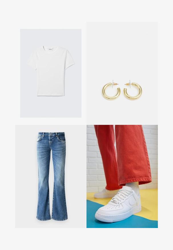 Bela kratka majica s kratkimi rokavi iz bombaža. Ima krožni izrez, enostaven dizajn in oznako logotipa na izrezu. Gladka tekstura.; Svijetloplave traperice širokog kroja s izblijedjelim pranjem, pet džepova, šavnim detaljima i zatvaračem na patentni zatvarač s kopčom na gumbe.; Beli usnjeni športni čevlji s perforiranim prstnim delom, teksturiranim podplatom in belimi vezalkami, v kombinaciji s širokimi rdečimi hlačami in modro-rumeno ozadje.; Zlate uhane v obliki obročkov z gladko, sijočo površino. Krožna zasnova s majhnim nosilcem in prozornim podplatom za varno nošenje.