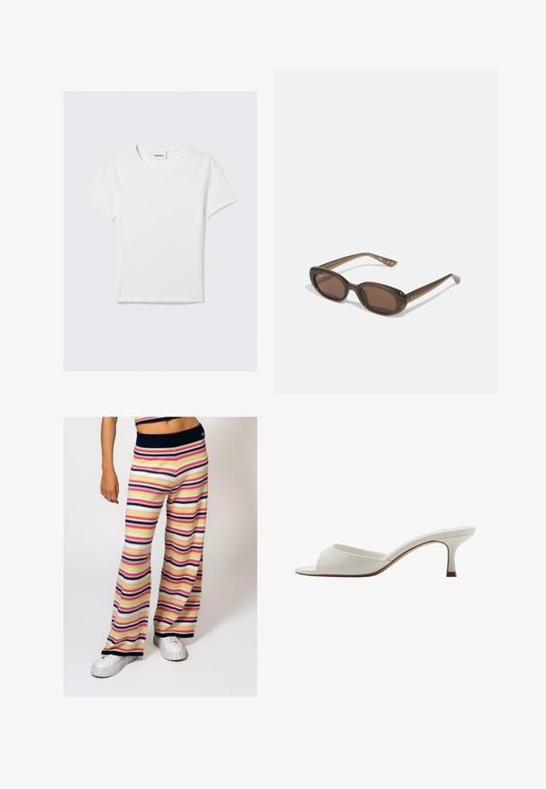 Hvid T-shirt med korte ærmer lavet af bomuld. Har en rund halsudskæring, et enkelt design og et logoetikette ved halsen. Glat tekstur.; Bredstribede strikkede bukser med vide ben har vandrette striber i pink, gul, marineblå og hvid, med en marineblå ribbet talje og blød tekstur.; Hvide åbne højhælede mules med en glat finish, minimalistisk design og en slank hæl, der har en subtil brun accent på sålen.; Brune ovale solbriller med mørke linser. Stellet er lavet af transparent brunt materiale og har et logo trykt på stængerne.