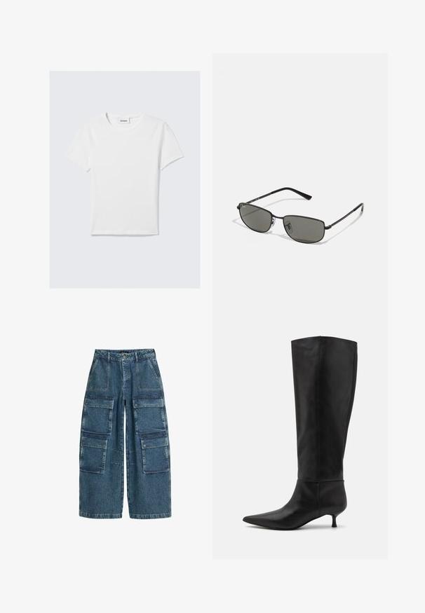 Vit kortärmad T-shirt i bomull. Har en rund halsringning, en enkel design och en logotags vid halsen. Slät yta.; Denim cargo byxor i mörkblått, med vida ben, flera framfickor med lock och avslutade nederkanter.; Knähöga svarta läderstövlar med spetsig tå och kittenklack. Slät textur och minimalistisk design utan synliga detaljer eller accenter.; Svarta metallbågar solglasögon med rektangulära linser. Har en tunn design och gråtonade linser, vilket visar en minimalistisk stil.; Burgundy läderhandväska med dubbla handtag, texturerad yta, sidofickor med dragkedja och en strukturerad form. Utrustad med detaljer i silverfärgad metall.