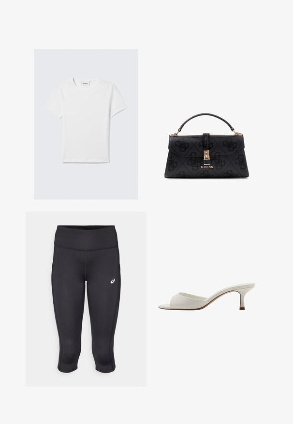 Hvid T-shirt med korte ærmer lavet af bomuld. Har en rund halsudskæring, et enkelt design og et logoetikette ved halsen. Glat tekstur.; Sorte atletiske capri leggings med en glat tekstur, strækbart materiale, høj talje og et lille hvidt logo på venstre side.; Hvide åbne højhælede mules med en glat finish, minimalistisk design og en slank hæl, der har en subtil brun accent på sålen.; Sort tekstureret håndtaske med et struktureret design, som har en top-håndtag, guld hardware og et logo-tryk på forsiden.